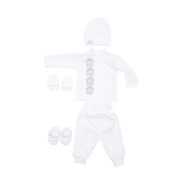 Хрестильний набір для хлопчика Twins з сірою вишивкою, р.56, білий (TCB56W-10) - Pampik