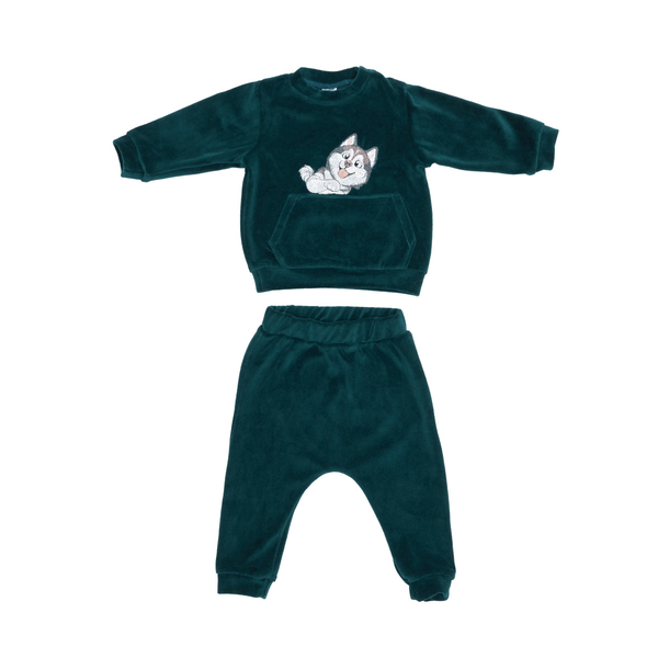 Костюм велюровий Twins з вишивкою Котик та Собачка, р.74, зелений (W-120-КWKS74-06) - Pampik