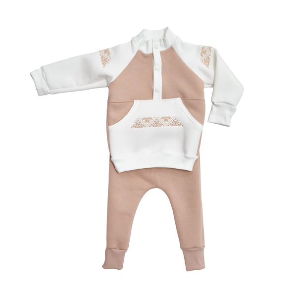 Костюм Twins з вишивкою, трикотажний, утеплений, р.86, бежевий (W-122-КТУ-86-02) - Pampik