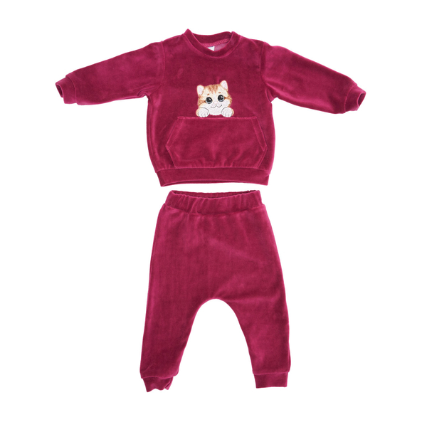 Костюм велюровий Twins з вишивкою Котик та Собачка, р.74, фуксія (W-120-КWKS74-27) - Pampik