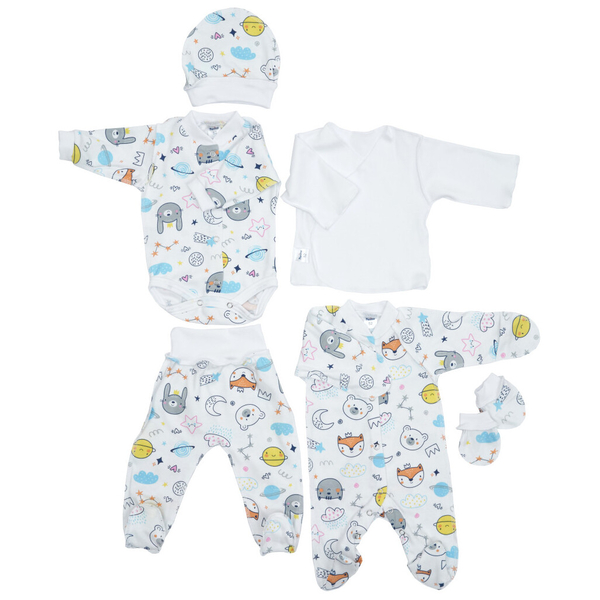 Комплект дитячого одягу в пологовий Twins Cosmo, інтерлок, р.52, білий з принтом (W-191-TP6-52CO) - Pampik