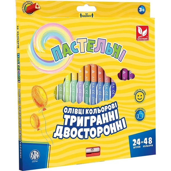 Карандаши цветные трехгранные двухсторонние Школярик Пастельные цвета с точилкой, 48 цветов (24 шт.) (312120005-UA) - Pampik - 2