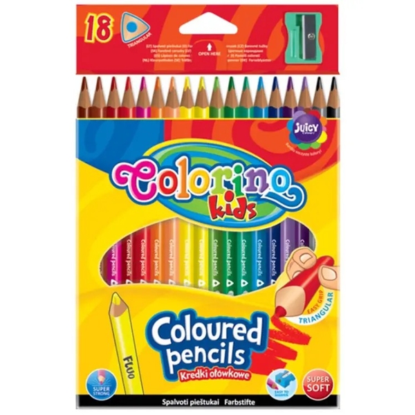 Карандаши цветные Colorino, трехгранные, в пластиковом контейнере, с точилкой, 18 цветов (57431PTR) - Pampik