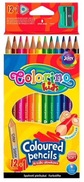 Карандаши цветные Colorino, трехгранные, с точилкой, 12 цветов + 1 карандаш, 2 в 1 (54706PTR) - Pampik