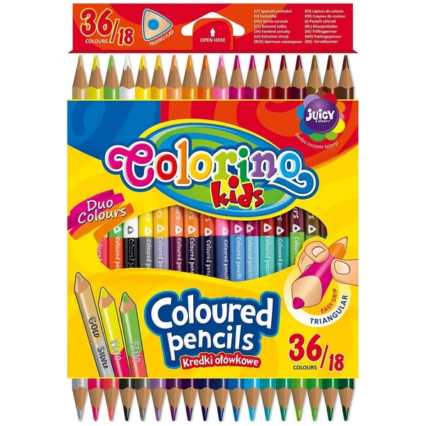 Олівці кольорові Colorino, двосторонні, тригранні, в пластиковому контейнері, 36 кольорів, 18 шт. (68512PTR) - Pampik