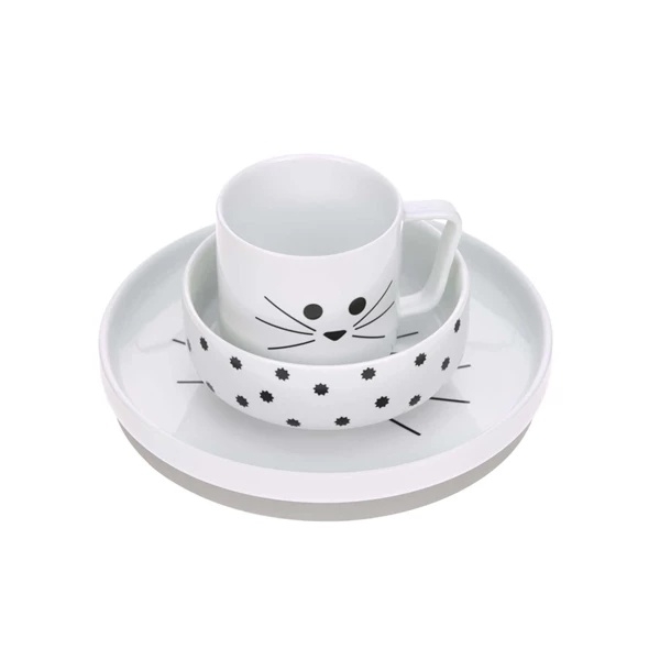 Набор детской посуды Lassig Кот, фарфор, с антискользящими элементами, 3 предмета, белый (1210037108/35851) - Pampik