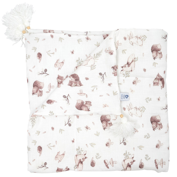 Плед муслиновый Twins Зверята, утепленный с кистями, 90x90 см, белый с принтом (1611-PMУ90х90-202S) - Pampik