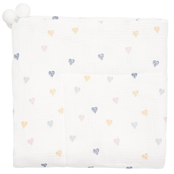 Плед муслиновый Twins Hearts, утепленный с кистями, 90x90 см, белый с принтом (1611-PMУ90х90-202H) - Pampik