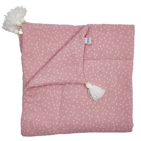 Плед муслиновый Twins Созвездие, утепленный с кистями, 90x90 см, пудровый (1611-PMУ90х90-20С) - Pampik