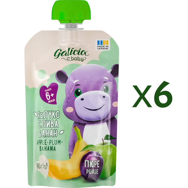 Набір пюре Galicia Baby Яблуко-слива-банан, 540 г (6 уп. по 90 г) - Pampik