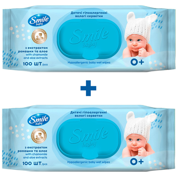 Набір вологих серветок Smile Baby з екстрактом ромашки та алое, 200 шт. ( 2 уп. по 100 шт.) - Pampik