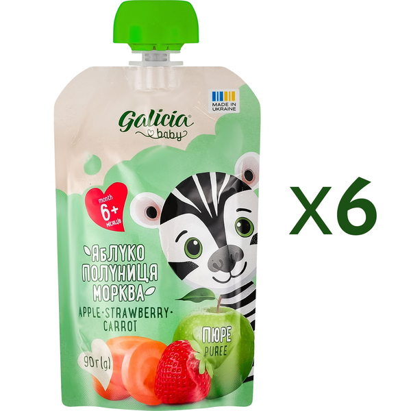 Набор пюре Galicia Baby Яблоко-клубника-морковь, 540 г (6 уп. по 90 г) - Pampik