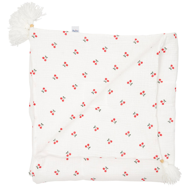 Плед муслиновый Twins Cherry, утепленный с кистями, 90x90 см, белый с принтом (1611-PMУ90-01C) - Pampik