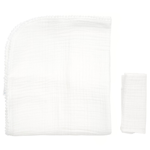 Плед Twins муслиновый, 4-х слойный, с помпонами + салфетка, 100х80 см, белый (1622-PMP-01) - Pampik