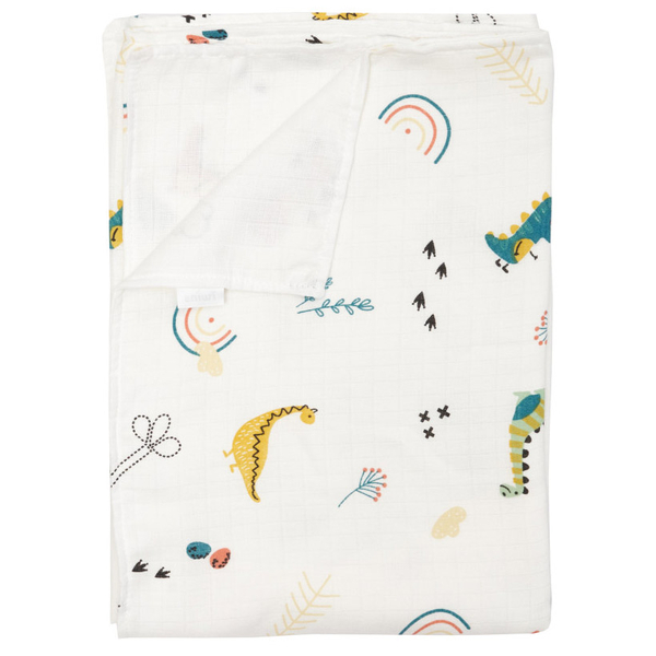 Плед Twins Динозаврик, мусліновий подвійний, 110х75 см, білий з принтом (1410-110/75-1006) - Pampik
