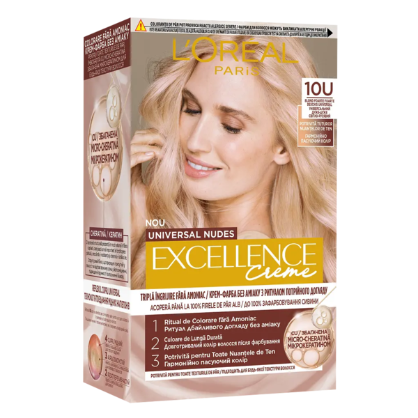 Стійка крем-фарба для волосся L'Oreal Paris Excellence Crème Universal Nudes 10U Універсальний світло-світло русявий, 192 мл - Pampik