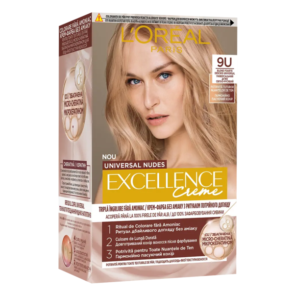 Стійка крем-фарба для волосся L'Oreal Paris Excellence Crème Universal Nudes 9U Універсальний дуже світло-русявий, 192 мл - Pampik