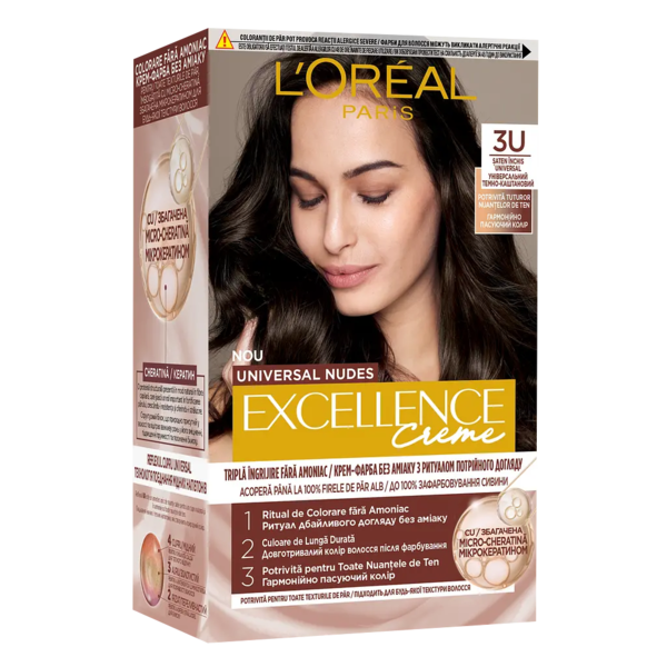 Стійка крем-фарба для волосся L'Oreal Paris Excellence Crème Universal Nudes 3U Універсальний темно-каштановий, 192 мл - Pampik