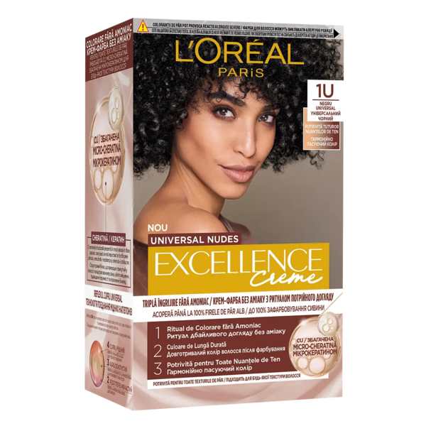 Стійка крем-фарба для волосся L'Oreal Paris Excellence Crème Universal Nudes 1U Універсальний чорний, 192 мл - Pampik