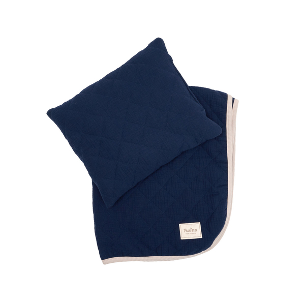 Набор Twins Geometry Dark Navy: плед и подушка, муслин, стьоганый, синий (2024-TG-09) - Pampik