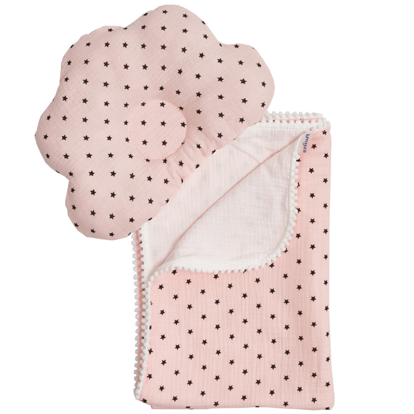 Плед и подушка ортопедическая Twins, муслин маршмелоу, 110х80 см, pink/stars, розовый (1411-TMPO-08S) - Pampik