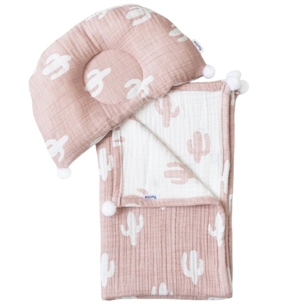 Плед и подушка ортопедическая Twins Кактусы, муслин/жаккард, 100х80 см, пудровый (1421-TMPO-24K) - Pampik