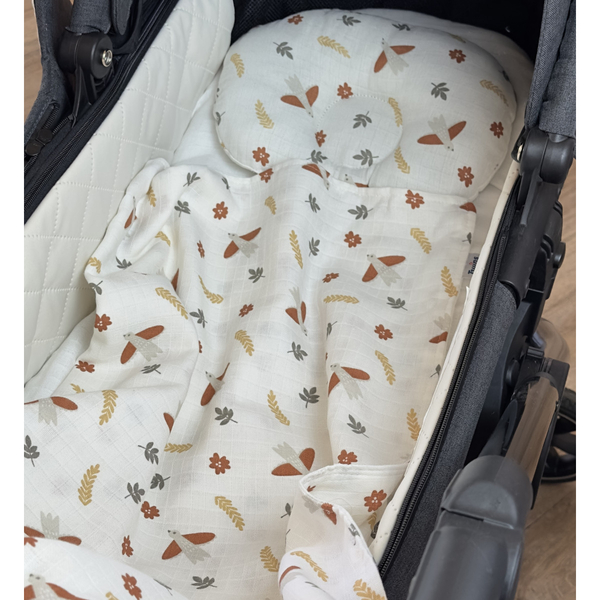 Набір в коляску Twins Bear Пташечки: плед, подушка, простирадло на резинці, муслін, білий (1489-TMB-1022) - Pampik - 3