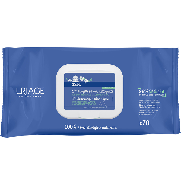 Серветки з очищуючою водою Uriage Baby 1st Cleansing Water Wipes, 70 шт. - Pampik