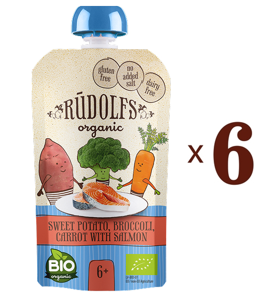 Набір пюре Rudolfs Pouch Батат, броколі та морква з лососем, 660 г (6 уп. по 110 г) - Pampik