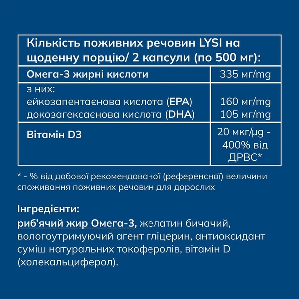 Омега-3 Lysi комплекс з вітаміном D3, 500 мг, 120 капсул - Pampik - 6