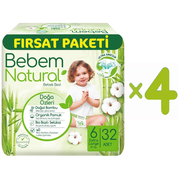 Підгузки на липучках Bebem Natural, 6 (15+ кг), 128 шт. (4 уп. по 32 шт.) - Pampik