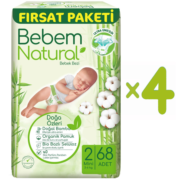 Підгузки на липучках Bebem Natural, 2 (3-6 кг), 272 шт. (4 уп. по 68 шт.) - Pampik