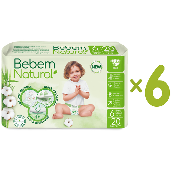 Підгузки на липучках Bebem Natural, 6 (15+ кг), 120 шт. (6 уп. по 20 шт.) - Pampik