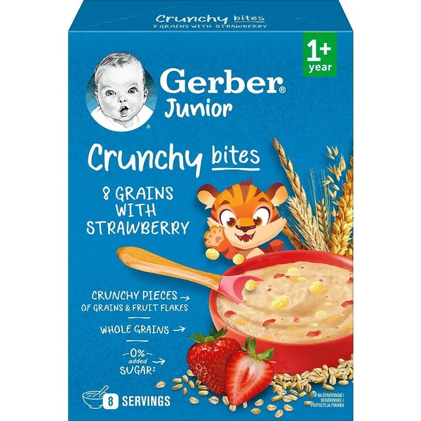 Каша сухая быстрорастворимая Gerber Мультизлаковая с хрустящими хлопьями и кусочками клубники, для детей от 1 года, 200 г - Pampik