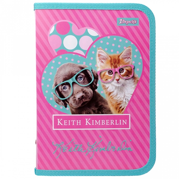 Папка для тетрадей 1 Вересня Keith Kimberlin, В5, на молнии, розовый с бирюзовым (491843) - Pampik