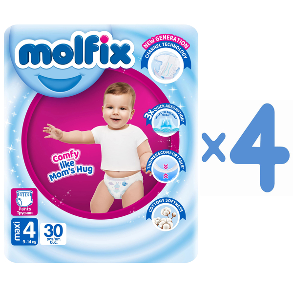 Подгузники-трусики Molfix, 4 (9-14 кг), 120 шт. (4 уп. по 30 шт.) - Pampik