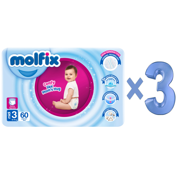 Підгузки-трусики Molfix, 3 (6-11 кг), 180 шт. (3 уп. по 60 шт.) - Pampik