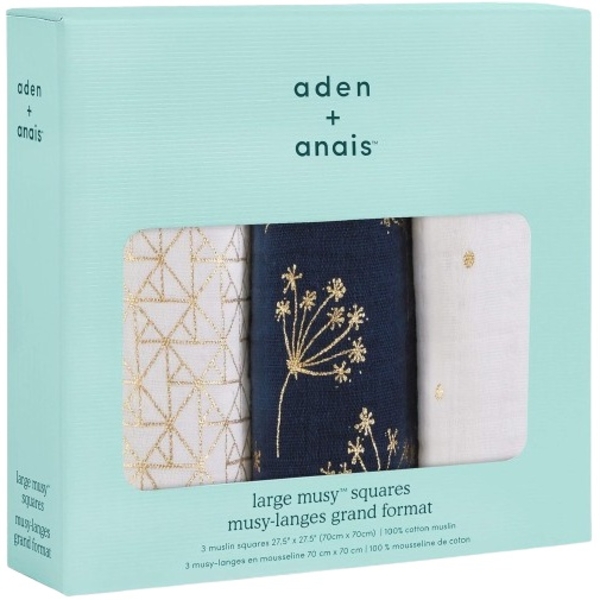 Муслинові пелюшки Aden + Anais Musy Gold Deco, 70х70 см, 3 шт., біло-синій (AA7235G) - Pampik