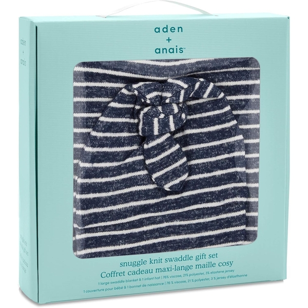 Подарунковий набір Aden + Anais Navy Stripe, пелюшка та шапочка, темно-синій з білим (AA20003) - Pampik - 2