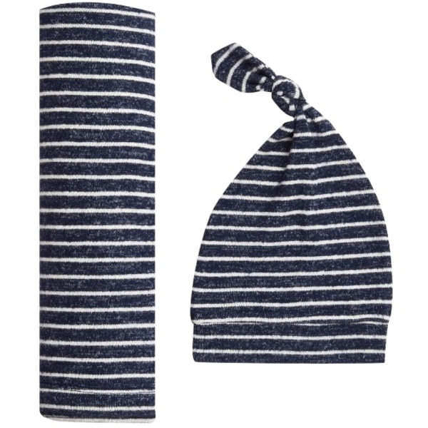 Подарунковий набір Aden + Anais Navy Stripe, пелюшка та шапочка, темно-синій з білим (AA20003) - Pampik