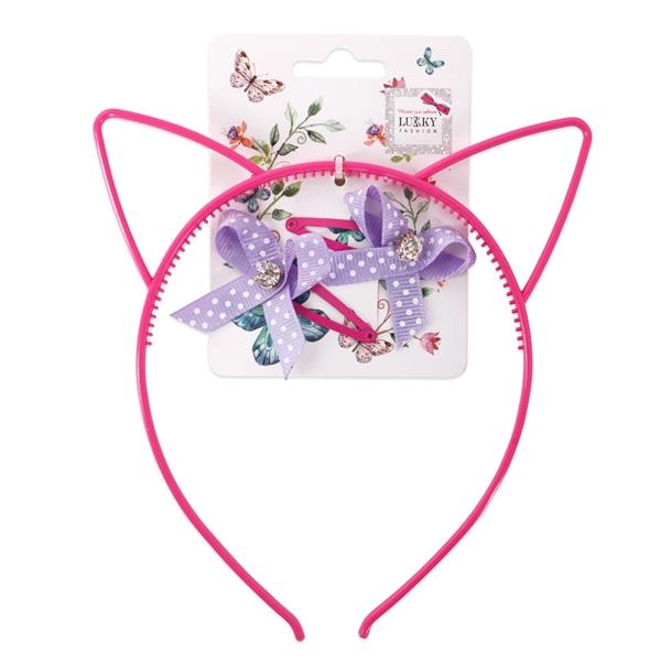 Обруч для волосся Lukky з вушками та двома заколками, рожевий (T18561) - Pampik