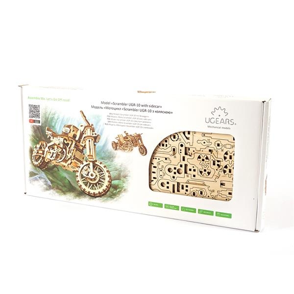 Деревянный механический 3D конструктор Ugears Мотоцикл Scramber с коляской (70137) - Pampik - 8