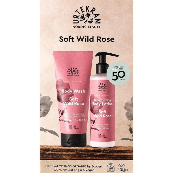 Подарочный набор Urtekram Мягкая дикая роза: гель для душа 200 мл + лосьон для тела 245 мл - Pampik