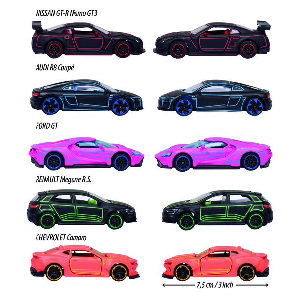 Набір металевих машинок Majorette Яскравий гонщик, з неоновими елементами, 7,5 см, 5 шт. (2053179) - Pampik - 2