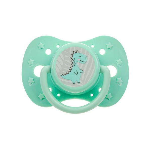 Пустышка силиконовая симметричная Akuku Динозавры, 6+ мес., зеленый (A0588) - Pampik