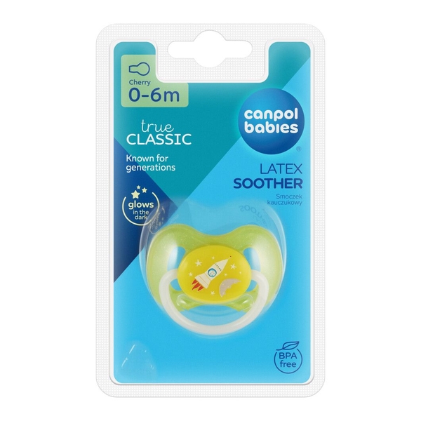 Пустушка латексна Canpol babies Space кругла, 0-6 місяців, жовтий (23/221_yel_new) - Pampik - 3