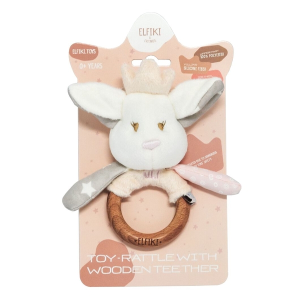 Игрушка-погремушка с деревянным прорезывателем Elfiki Эльфик Айли, розовый (ІГ-0111) - Pampik