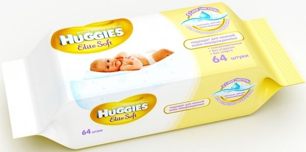 Вологі серветки Huggies Elite Soft, 64 шт. - Pampik