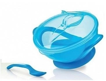 Тарілка на присосці Nuby з кришкою і ложкою, синій (5419blu) - Pampik