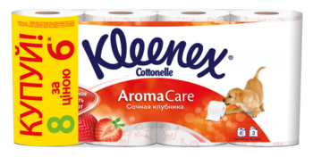 Тришаровий туалетний папір Kleenex Aromacare 6 + 2 Полуниця, 8 рулонів - Pampik